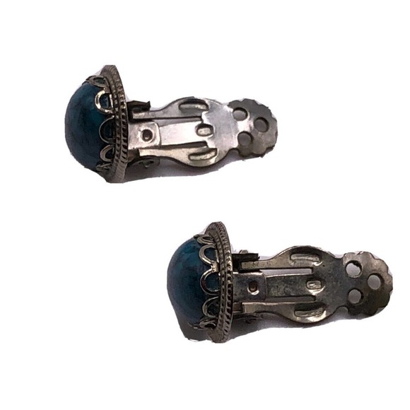 Vintage Earrings Clip On Silver Tone Oval Faux Turquoise Cabochon 3/4" - Picture 6 of 7